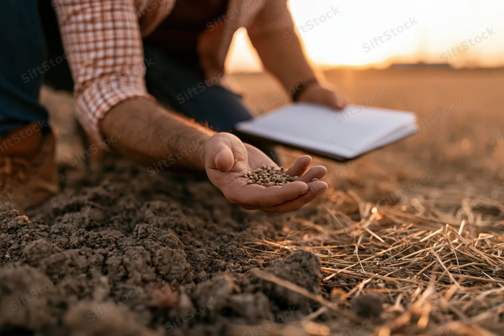 Farmer kneeling in field holding seeds with notebook nearby at sunset