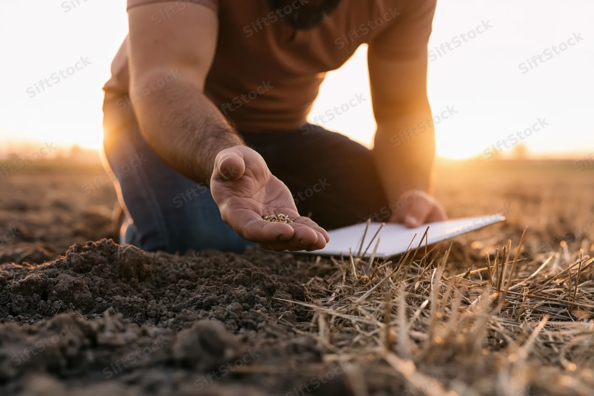 Farmer kneeling in field holding seeds with tablet nearby at sunset