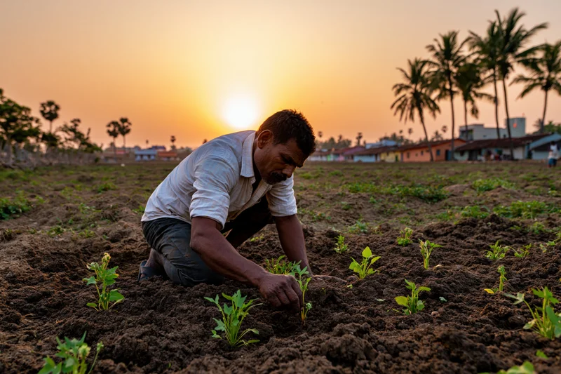 Man planting seedlings in a tilled field at sunset