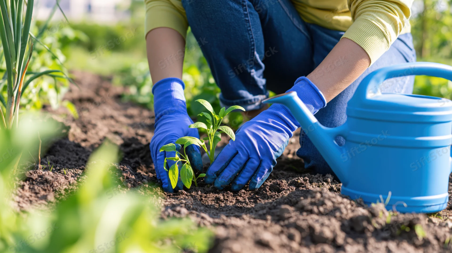 Woman kneeling in garden planting a seedling with blue gloves and watering can nearby