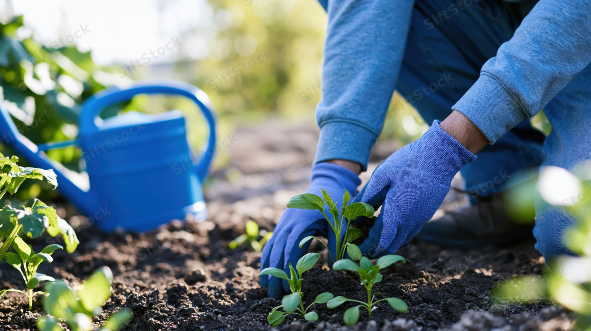 Person planting seedlings in soil with blue gloves and watering can nearby