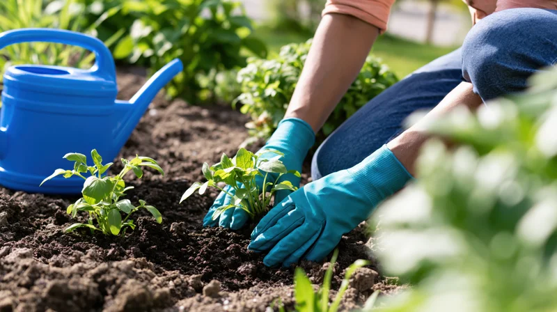 Woman planting seedlings in garden soil with blue gloves and watering can nearby