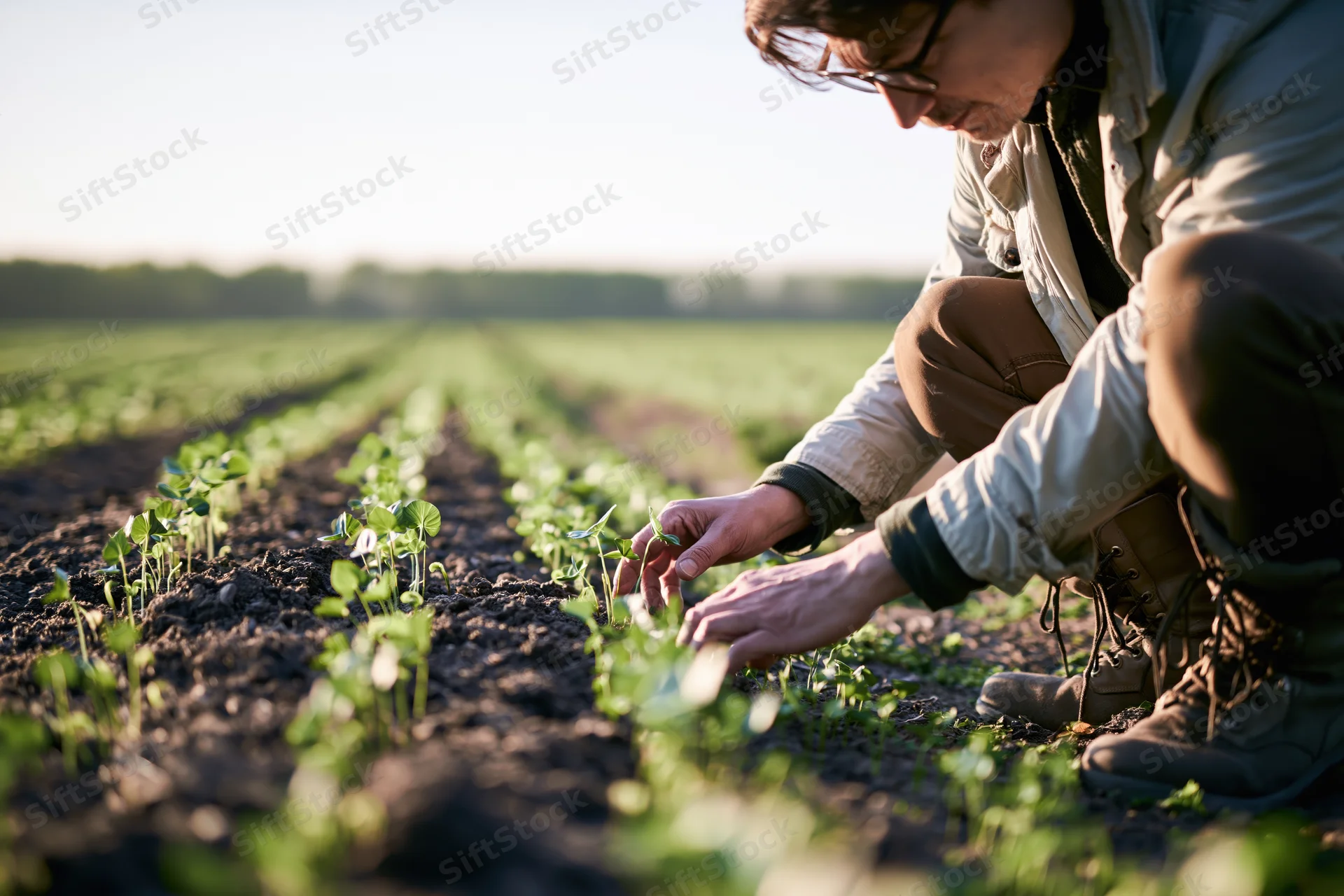Woman kneeling in a field inspecting young green seedlings growing in rows of soil
