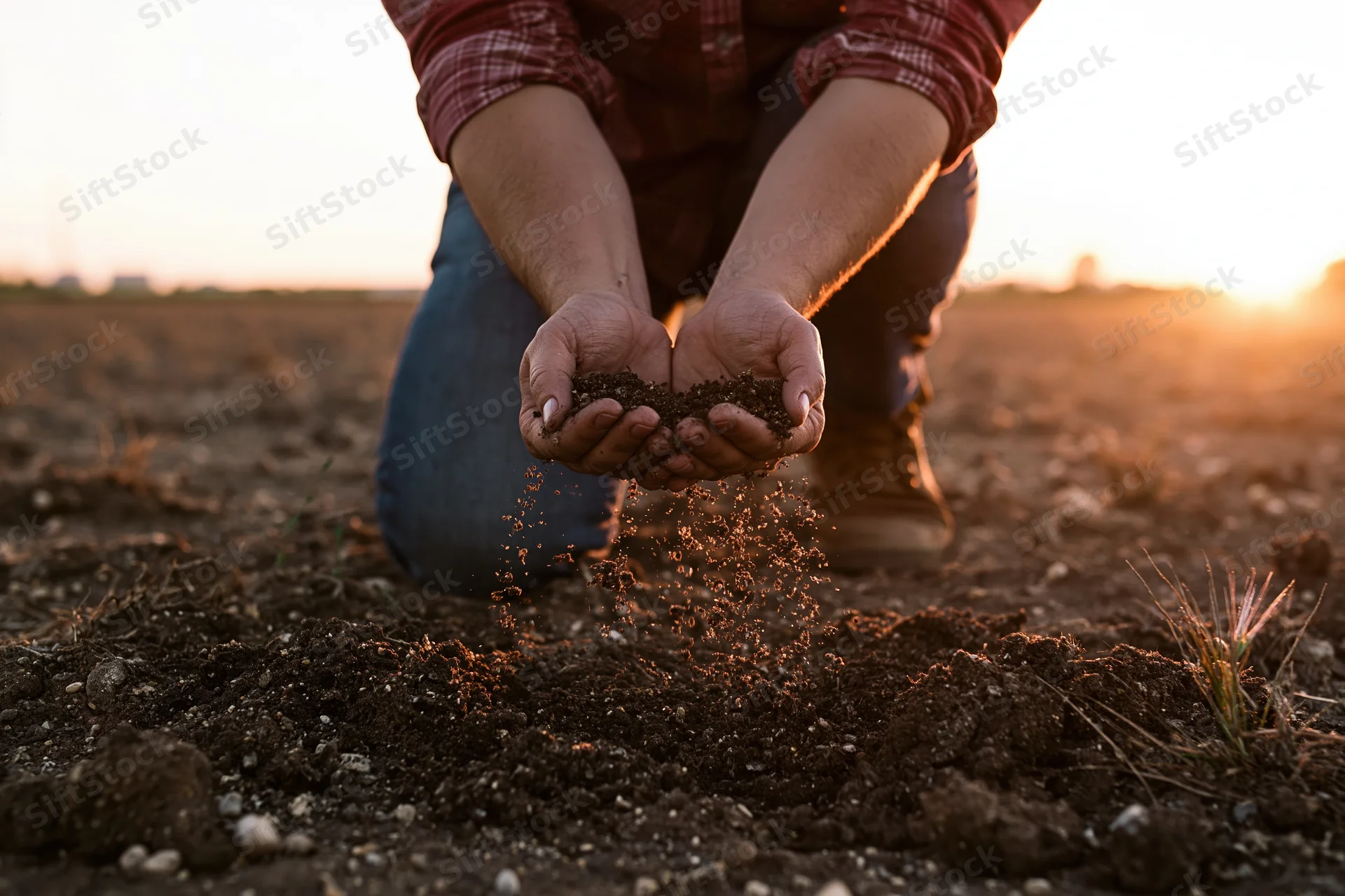 Farmer kneeling in field holding soil in hands at sunset