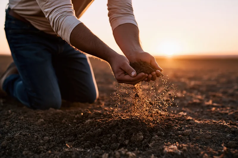 Farmer kneeling in field holding soil at sunset