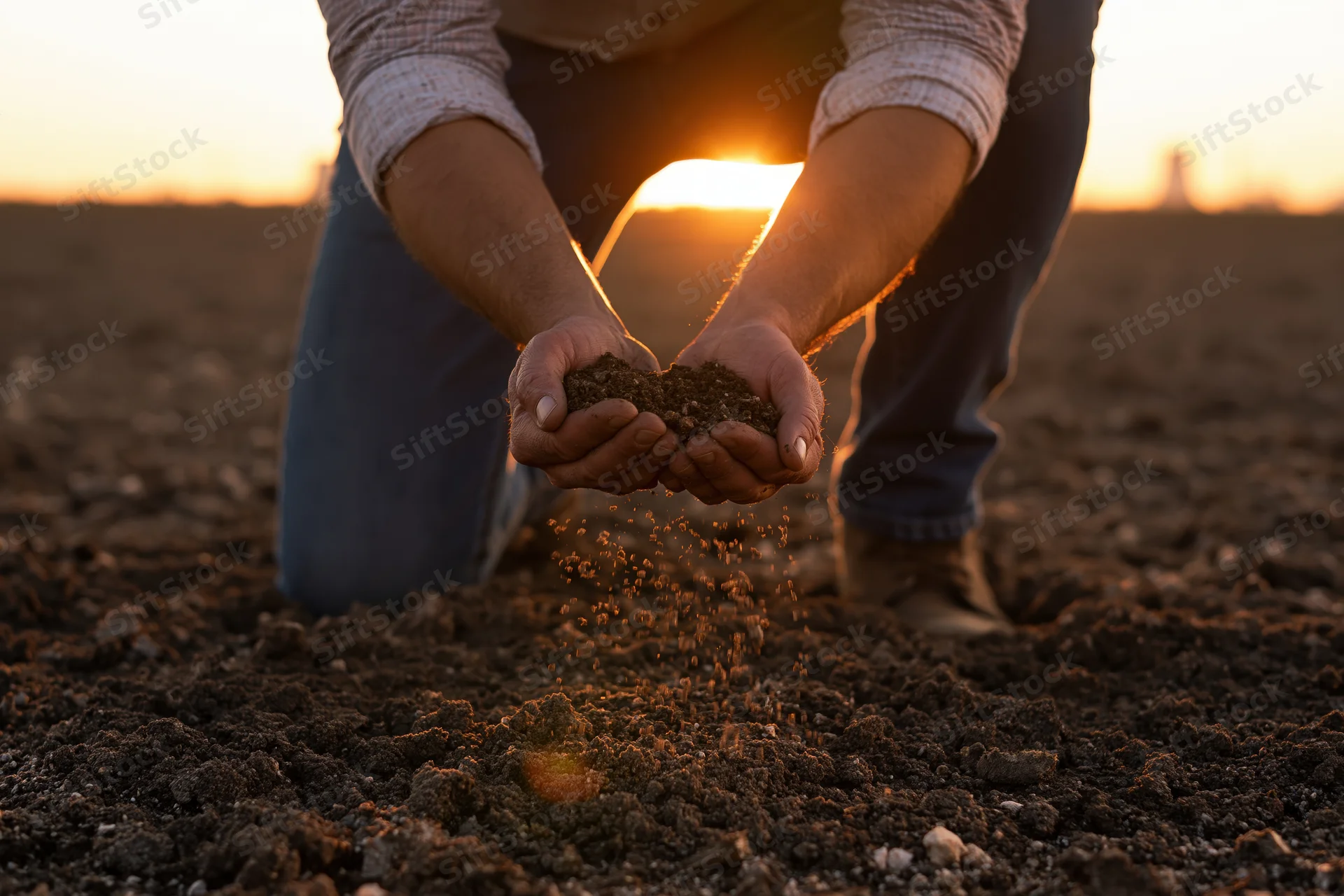 Farmer kneeling in a field holding soil in hands at sunset