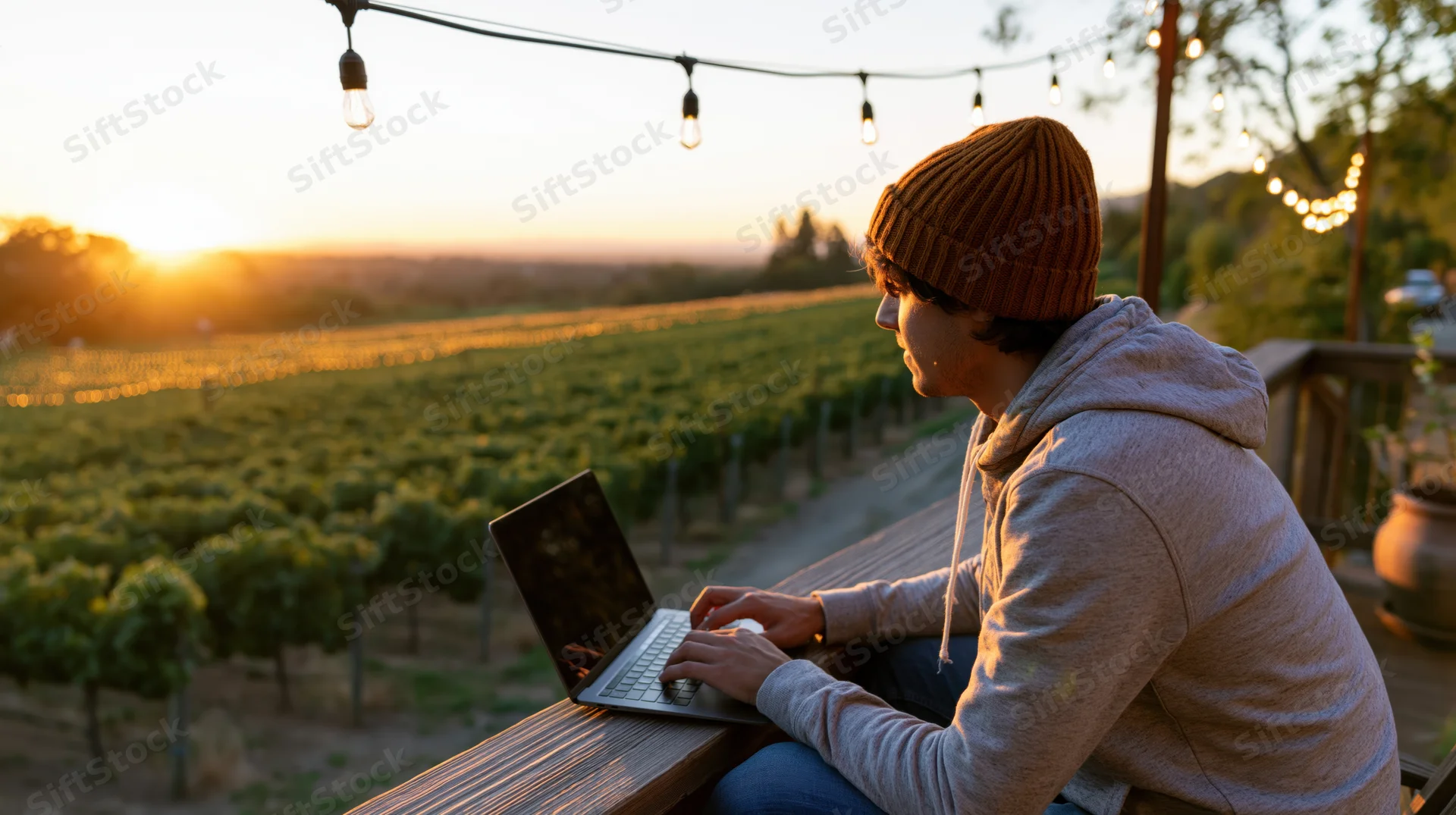 Man typing on laptop at wooden deck overlooking vineyard at sunset