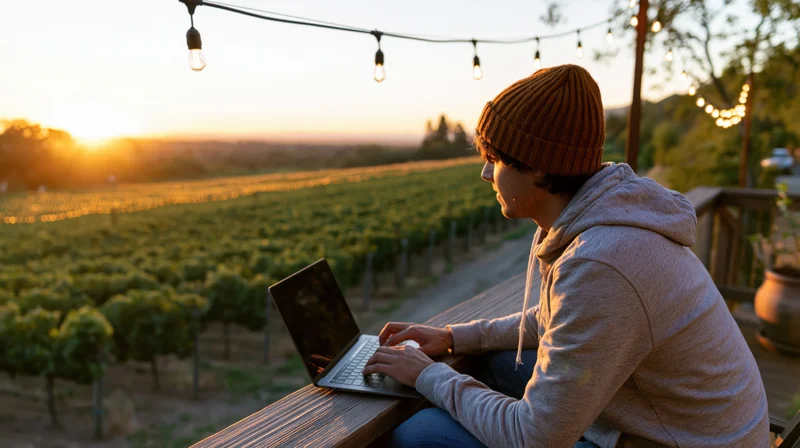 Man typing on laptop at wooden deck overlooking vineyard at sunset