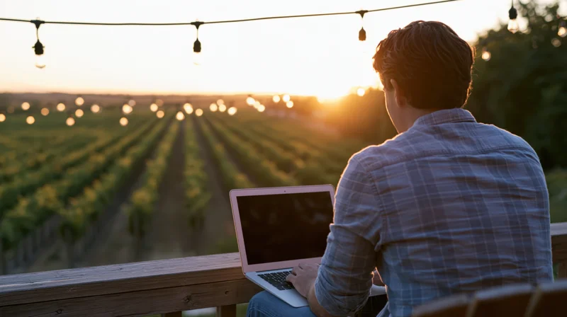 Man using laptop on wooden deck overlooking vineyard at sunset