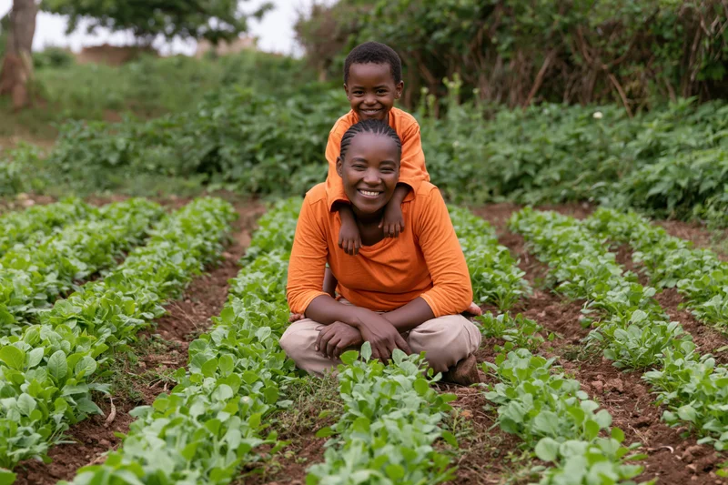 Woman kneeling in vegetable garden with child on her shoulders, smiling