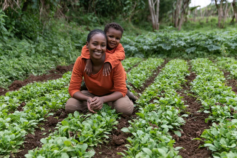 Woman crouching in vegetable garden with child on her back, surrounded by rows of leafy greens