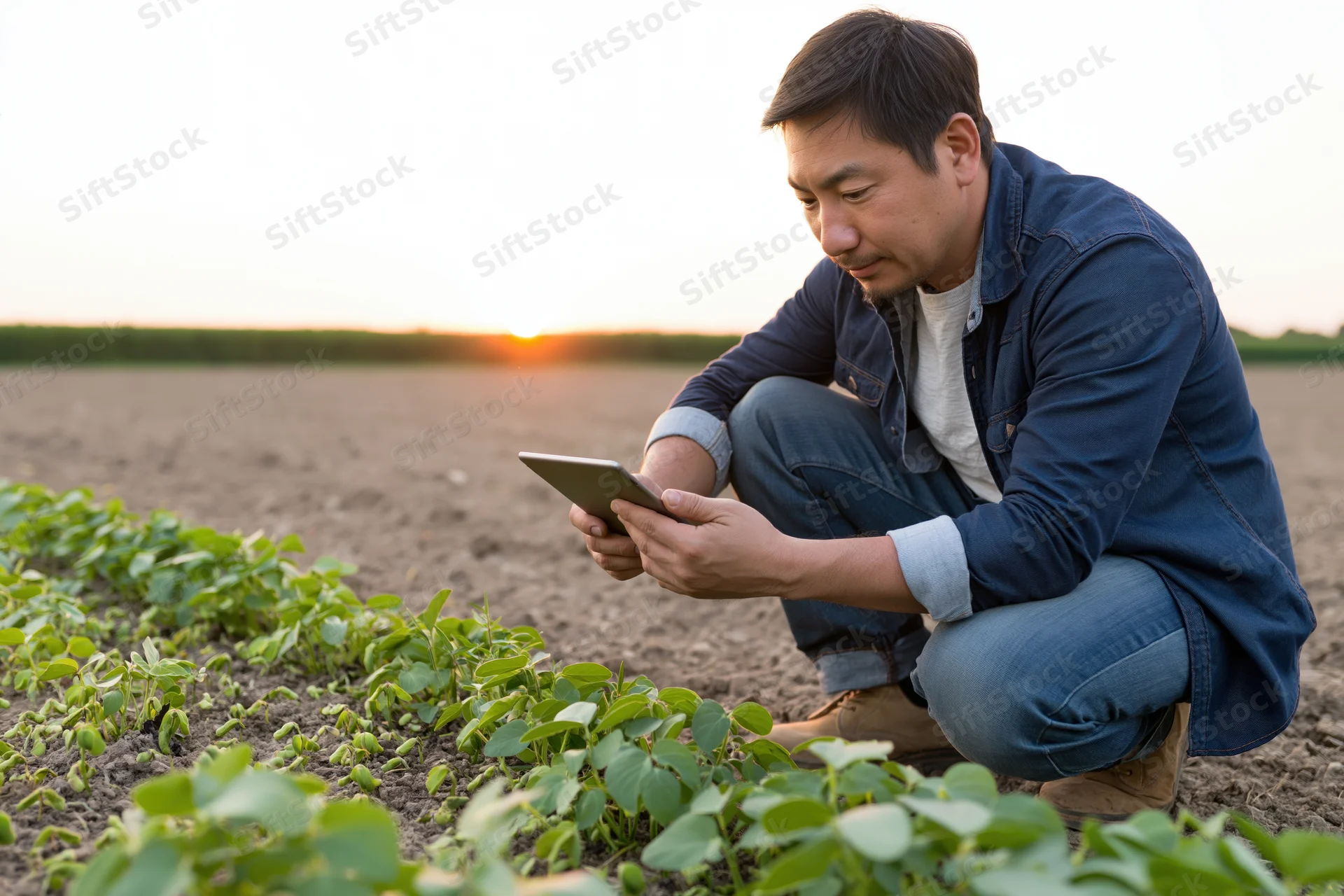 Asian man crouching in a field inspecting young plants with a tablet at sunset