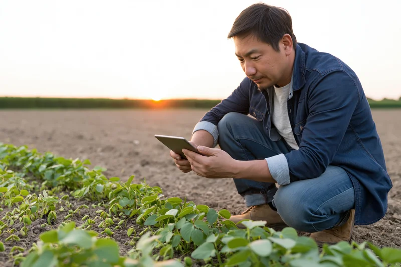 Asian man crouching in a field inspecting young plants with a tablet at sunset