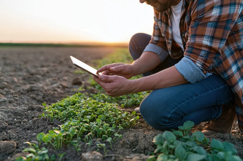 Farmer crouching in a field using tablet to monitor young crops at sunset