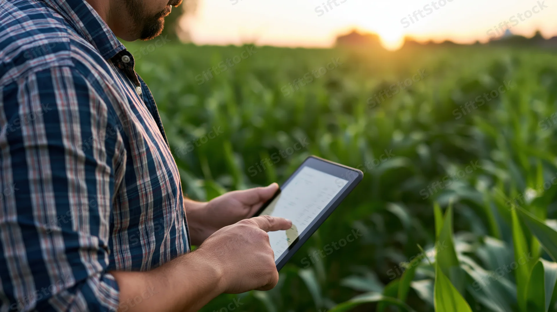 Man using tablet in cornfield at sunset