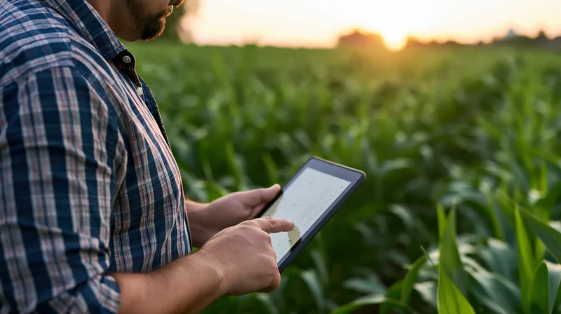 Man using tablet in cornfield at sunset