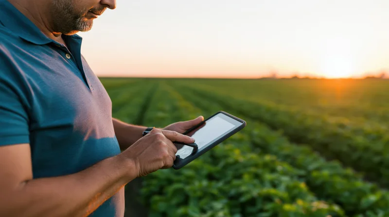 Man using tablet in a green crop field at sunset
