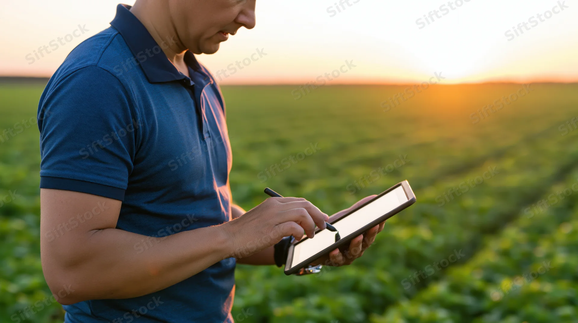 Farmer using tablet with stylus in a green field at sunset