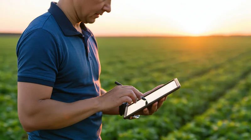 Farmer using tablet with stylus in a green field at sunset