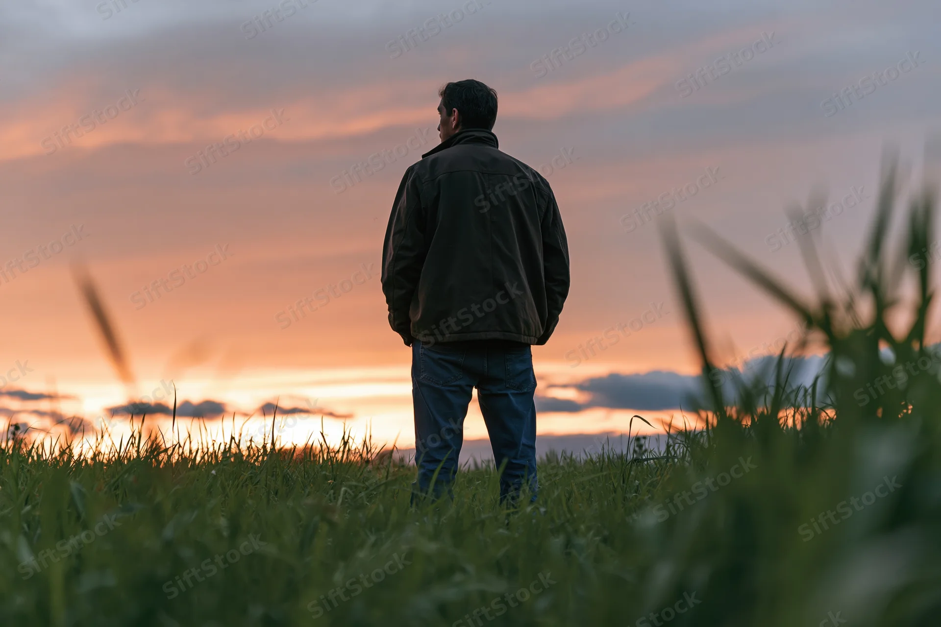 Man standing in a grassy field at sunset, back to camera, facing horizon