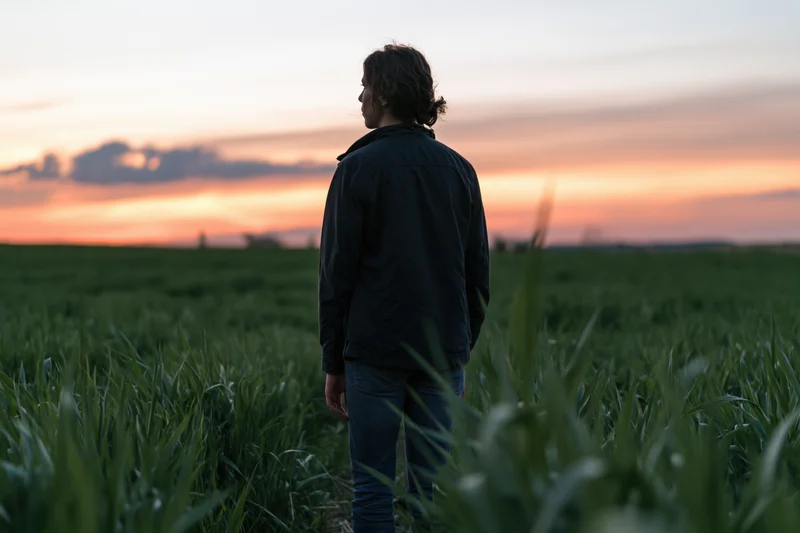 Man standing in a grassy field at sunset facing the horizon