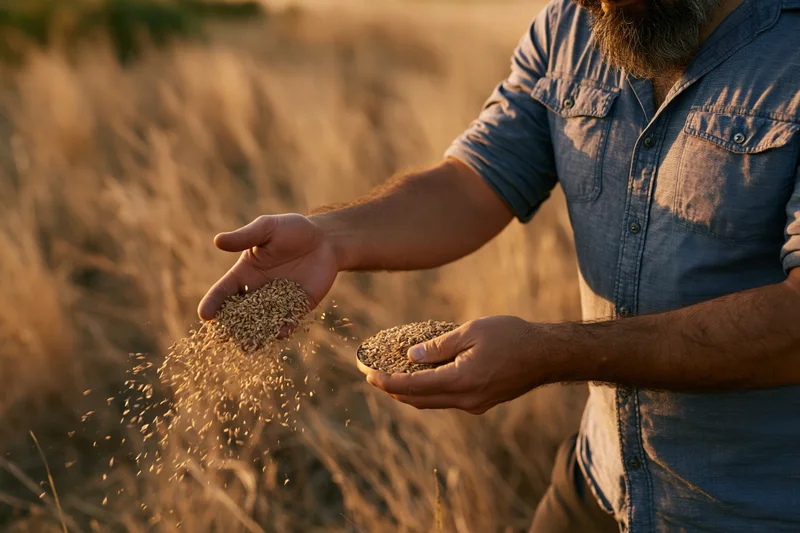 Farmer holding wheat grains in hands, sifting them in a sunlit field at sunset