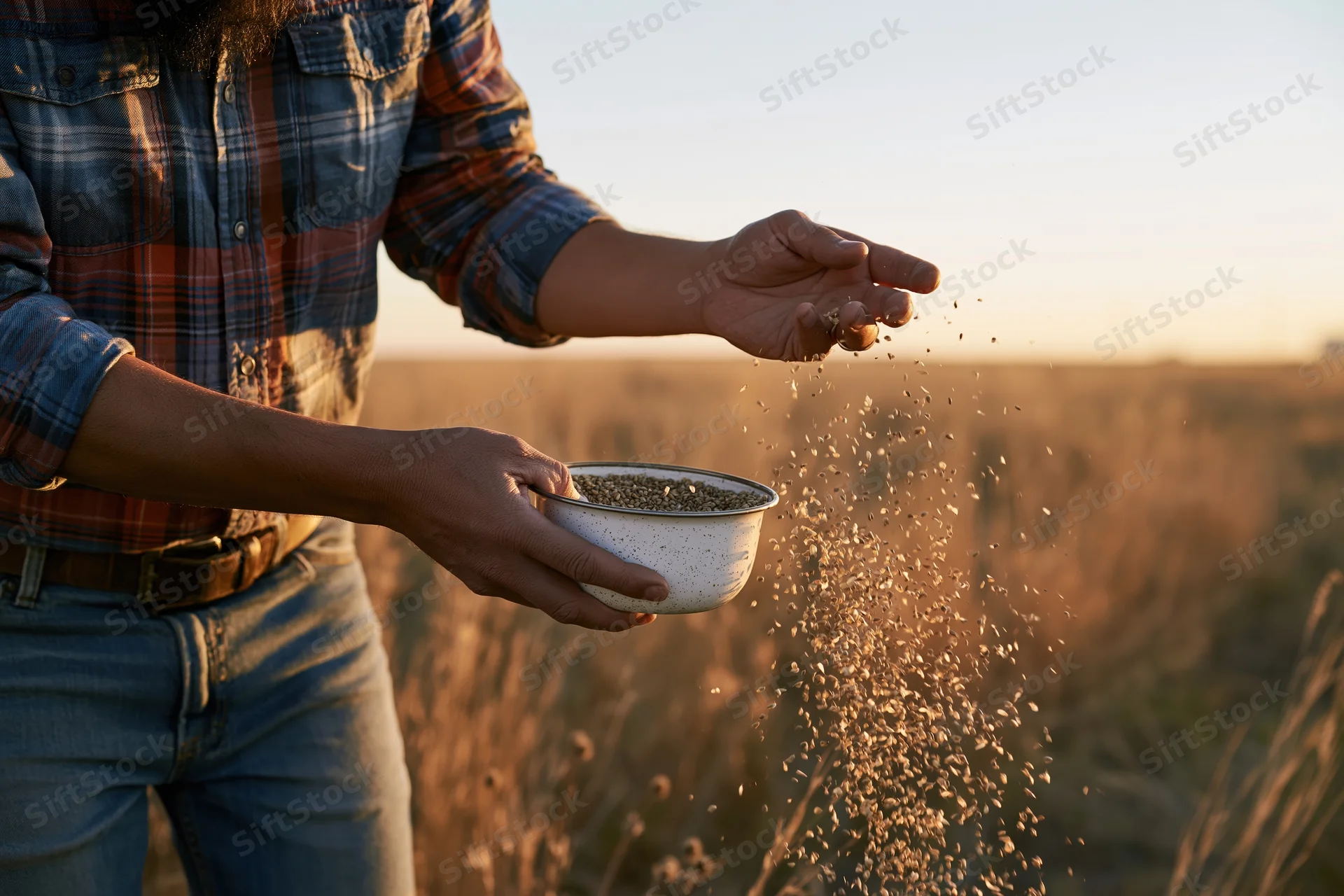 Man in plaid shirt sprinkling seeds from enamel bowl in a golden field at sunset