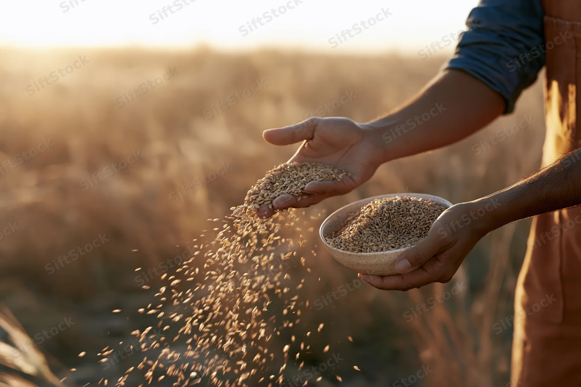 Farmer holding bowl of wheat grains, pouring some into the air, standing in a golden field at sunset