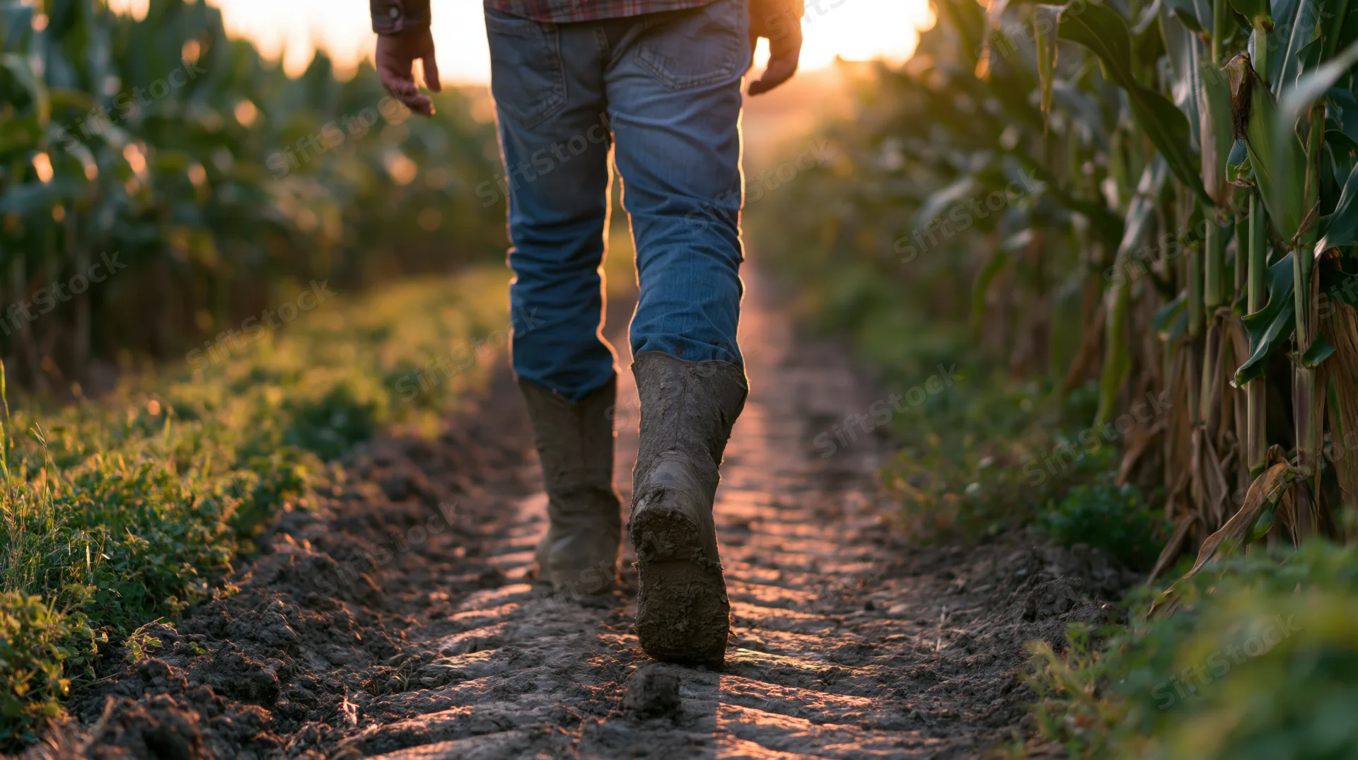 Farmer walking along muddy path between corn rows at sunset