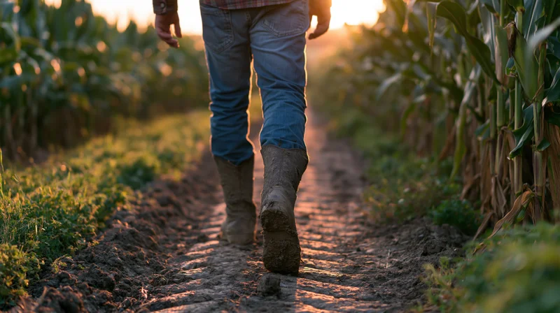 Farmer walking along muddy path between corn rows at sunset