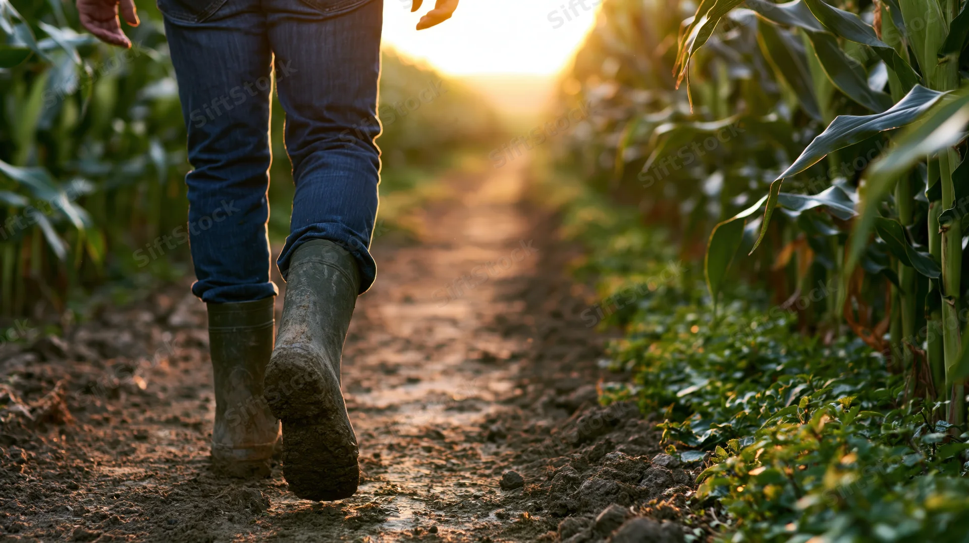 Farmer walking along dirt path between rows of corn in a field at sunset