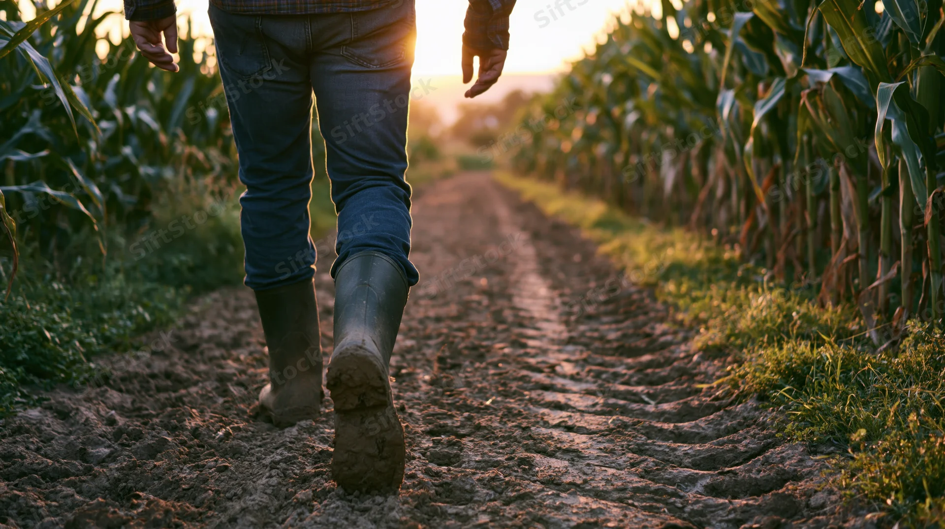 Farmer walking along dirt path between rows of corn at sunset