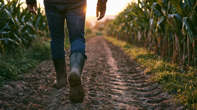 Farmer walking along dirt path between rows of corn at sunset