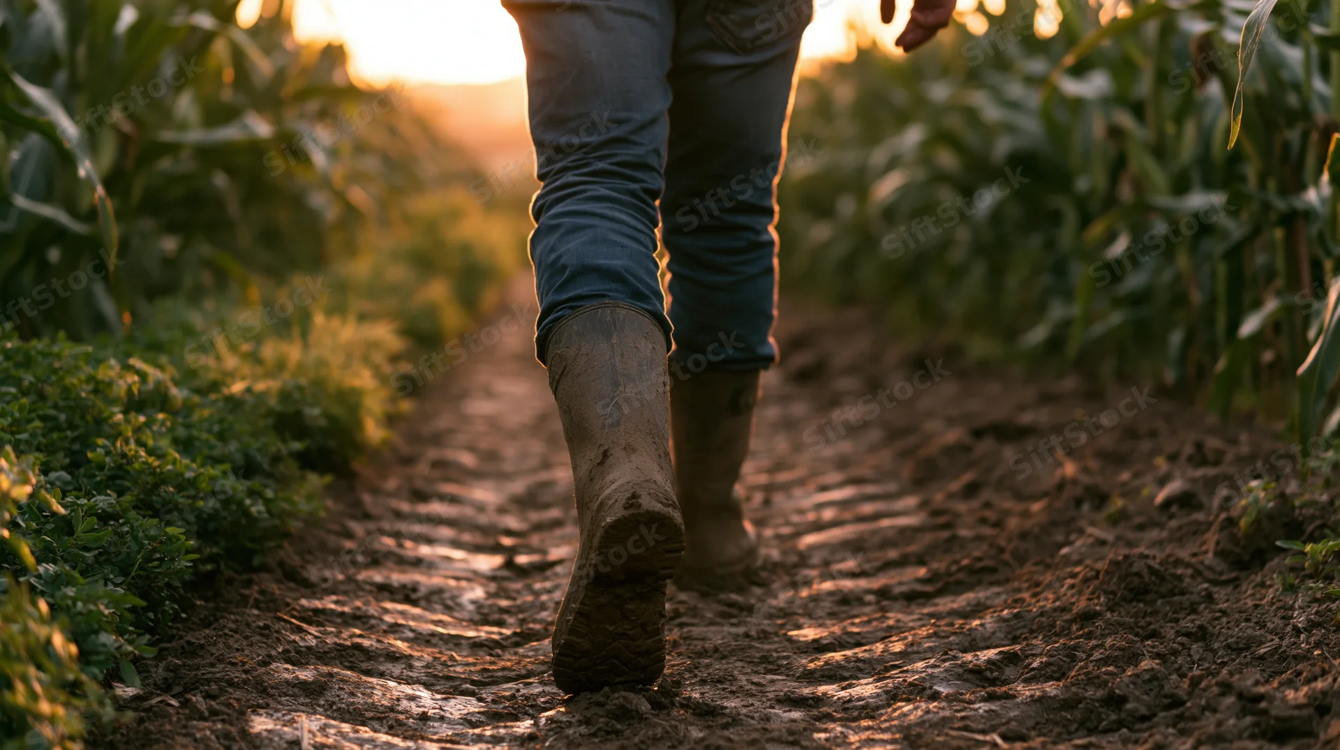 Farmer walking along a dirt path between rows of corn in a field at sunset