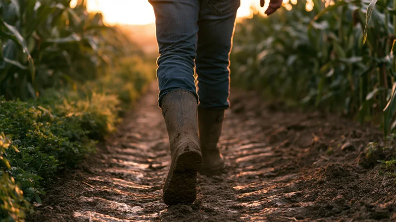 Farmer walking along a dirt path between rows of corn in a field at sunset
