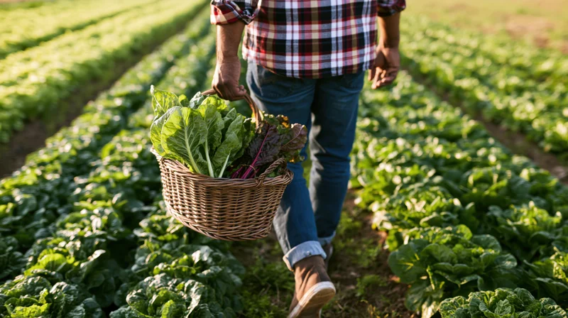 Farmer carrying a basket of fresh lettuce through a vegetable field
