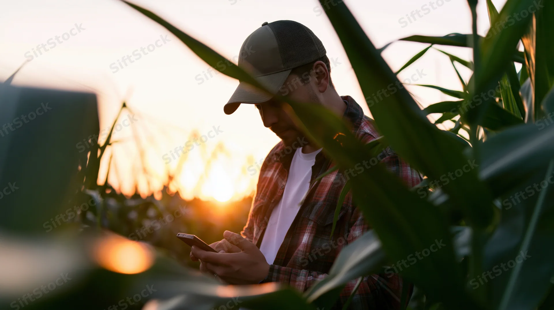 Man in a cornfield using smartphone at sunset