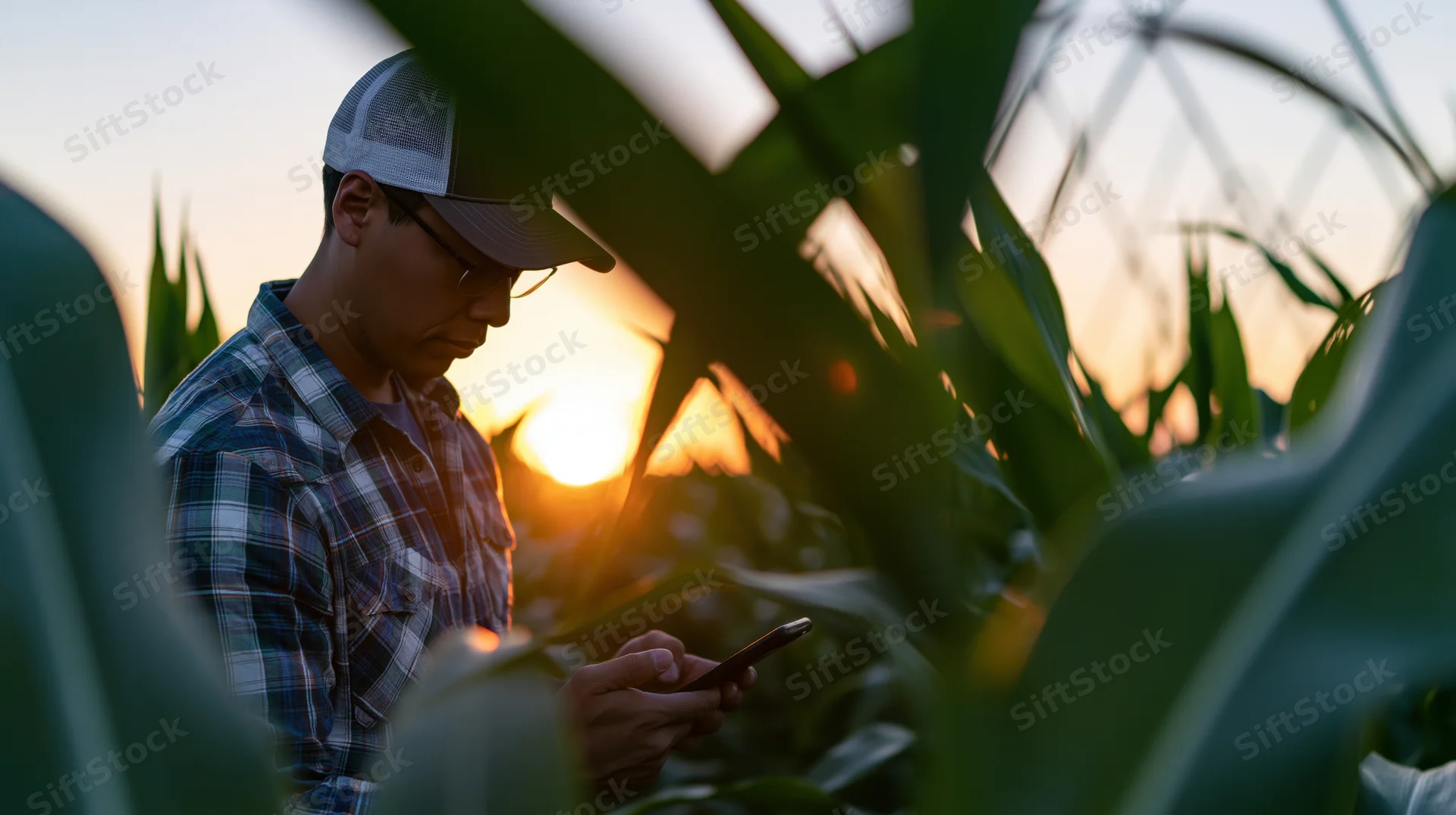 Man in plaid shirt and cap using smartphone in cornfield at sunset