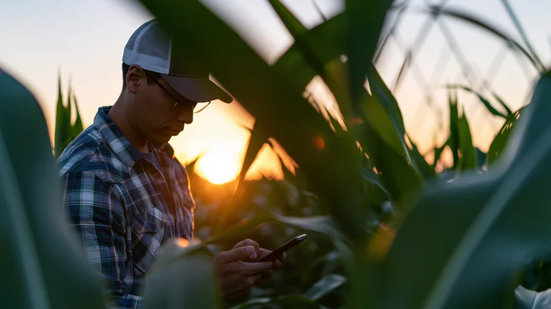 Man in plaid shirt and cap using smartphone in cornfield at sunset