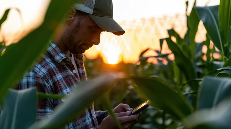 Man in plaid shirt and cap using smartphone in cornfield at sunset