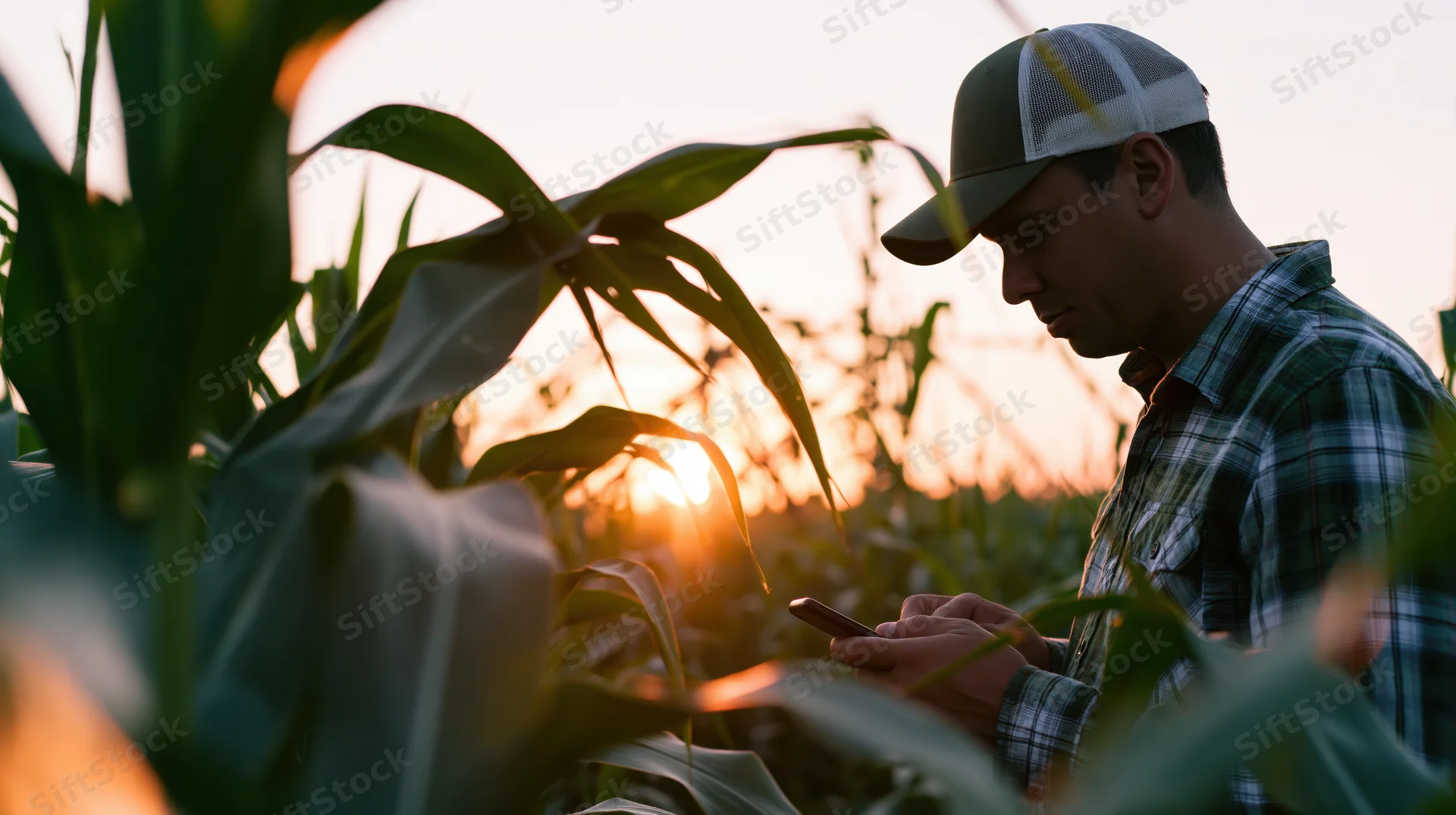 Farmer using smartphone in cornfield at sunset