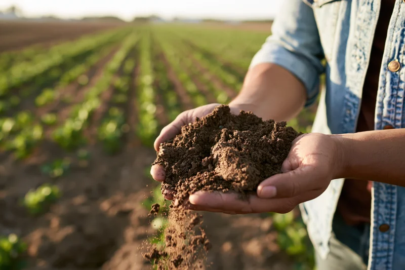 Farmer holding soil in hands over a cultivated field