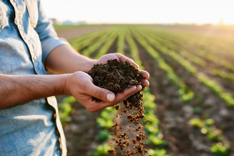 Farmer holding soil in hands over a cultivated field at sunset