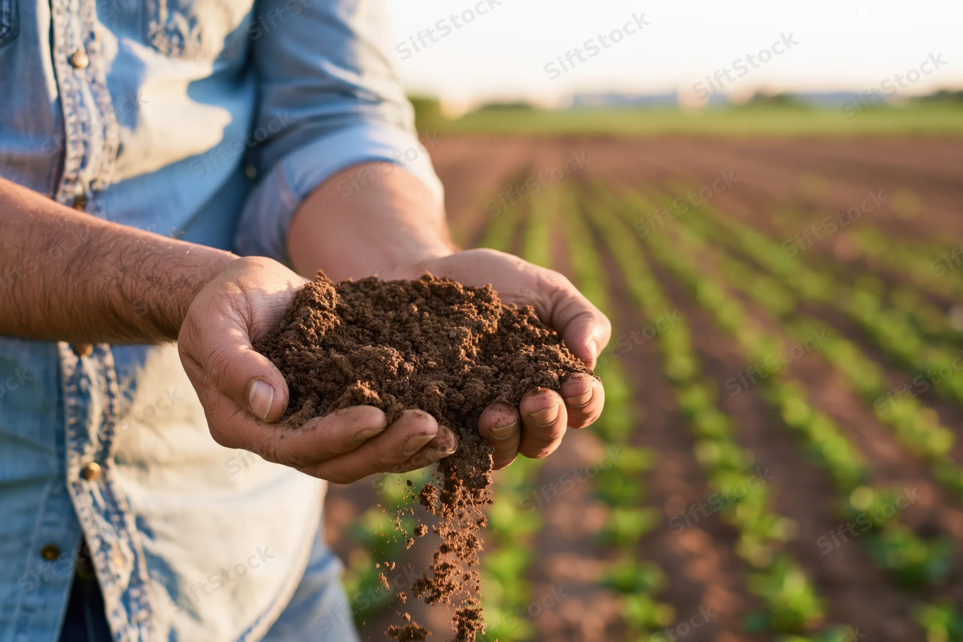 Farmer holding soil in hands over cultivated field with rows of young plants
