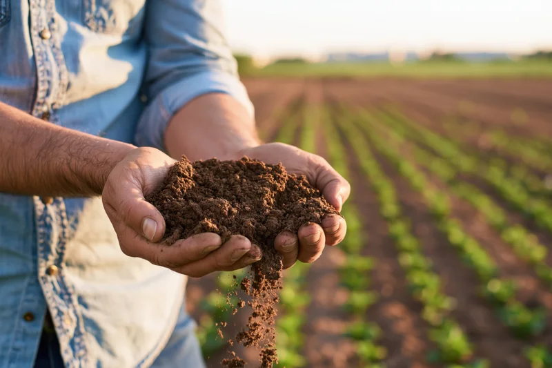 Farmer holding soil in hands over cultivated field with rows of young plants
