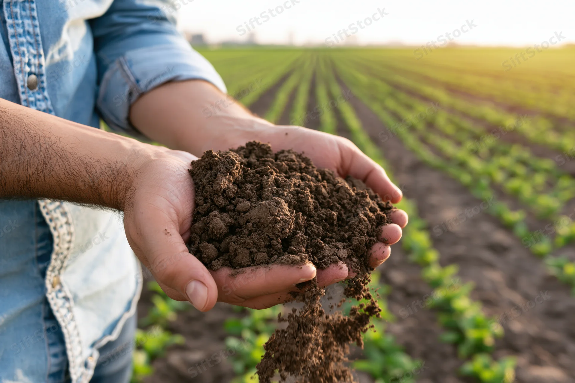 Farmer holding soil in hands over a cultivated field