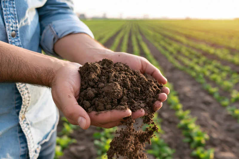 Farmer holding soil in hands over a cultivated field
