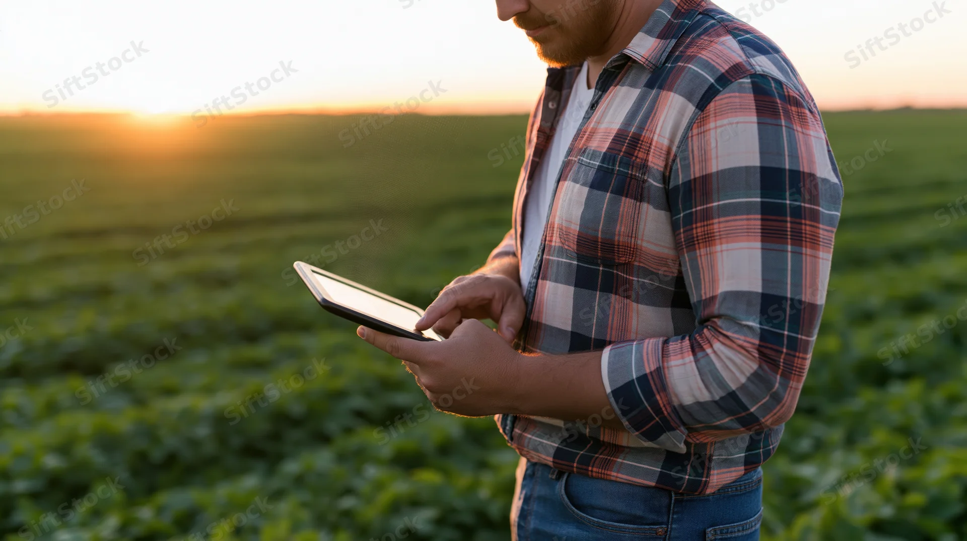 Man using tablet in a green field at sunset