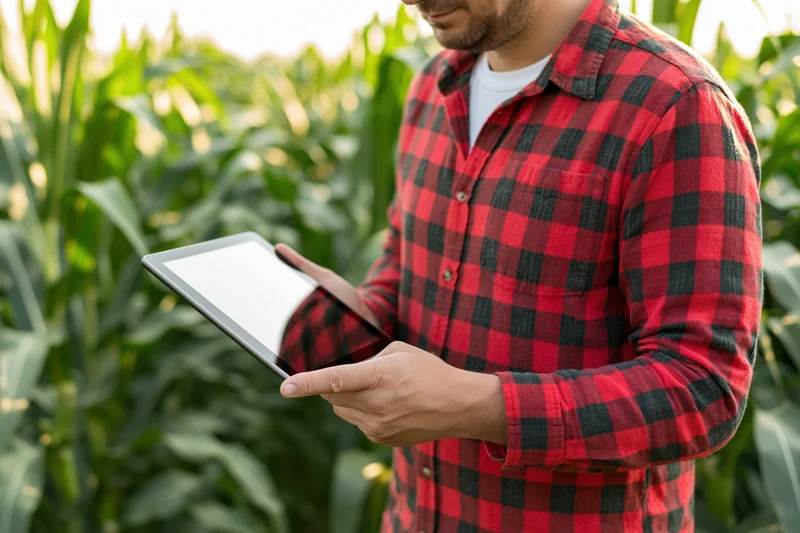 Man in red flannel shirt holding tablet while inspecting cornfield