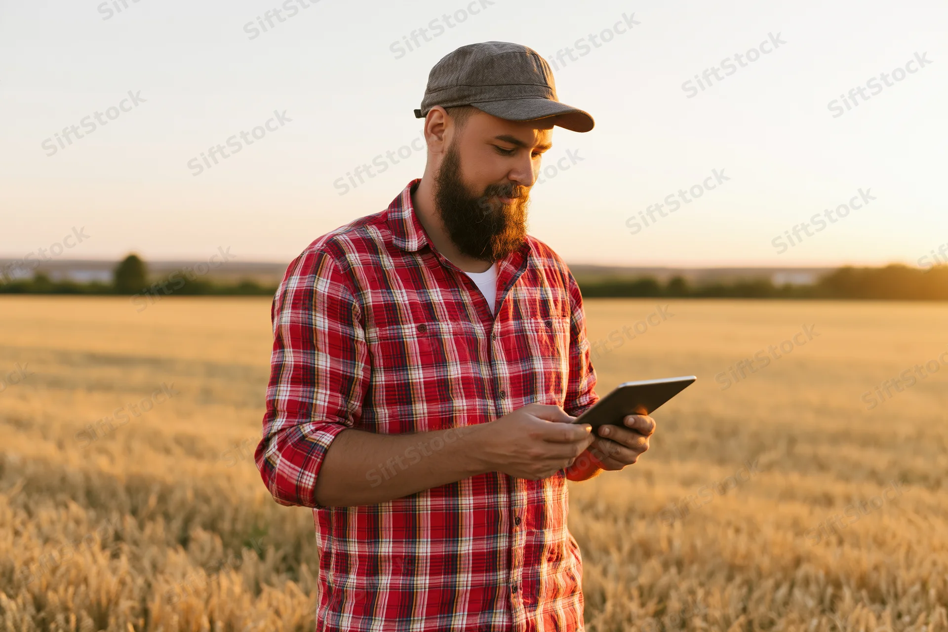 Man with beard using tablet in wheat field at sunset